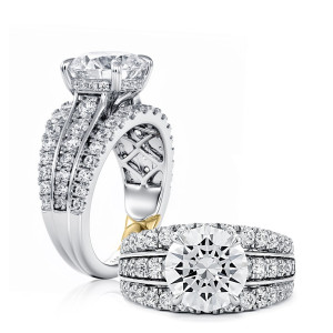 A.JAFFE MECRD4323L/559 14 Karat engagement ring, white gold triple row round center ring, angled and top views together