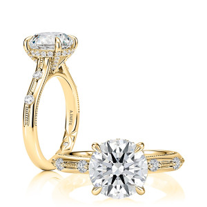 A.JAFFE MECRD4388L/334 Platinum engagement ring, round center engagement semi-mount in yellow gold, profile and top views shown together