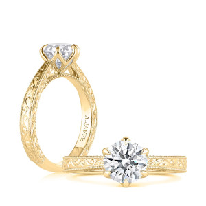 A.JAFFE MECRD4400/150 14 Karat engagement ring, round floral engraved engagement ring in yellow gold, top and angled views