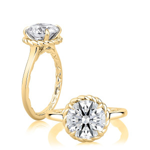 A.JAFFE MECRD4452Q/250 14 Karat engagement ring, yellow gold rope halo solitaire, profile and top views with quilted shank