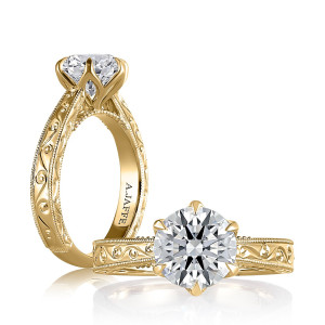 A.JAFFE MECRD4502/200 14 Karat engagement ring, round floral engraved engagement ring in yellow gold, angled standing and front view pair