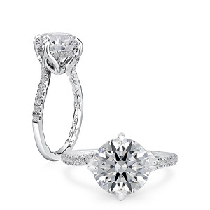 A.JAFFE MECRD4644Q/335 14 Karat engagement ring, round sculptural pave engagement ring in white gold, angled standing and front view pair