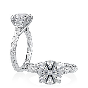 A.JAFFE MECRD4650Q/250 14 Karat engagement ring, round solitaire, angled and profile pair in white gold with carved leaf shank