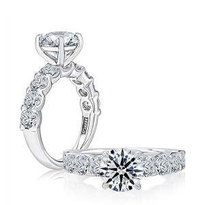 A.JAFFE MECRDB2521H/295 14 Karat engagement ring, white gold engagement ring, profile view with top view alongside, round center in a four prong head