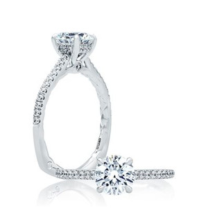 A.JAFFE MES807Q/124 14 Karat engagement ring, white gold round French pave semi-mount, standing and reclining views together