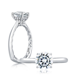 A.JAFFE MES837Q/157 14 Karat engagement ring, white gold solitaire engagement ring, paired profile and top views showing the round center and plain tapered band