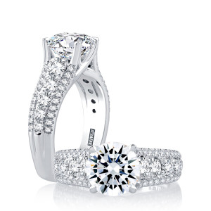 A.JAFFE MES898/450 14 Karat engagement ring, white gold engagement ring, standing and reclining pair showing the three row pave band