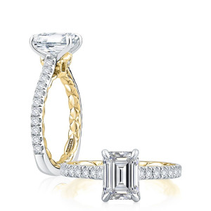 A.JAFFE MESEC2505Q/199 18 Karat engagement ring, emerald cut engagement ring setting in white gold, angled view with upright side view