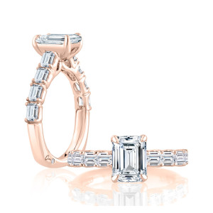A.JAFFE MESEC2822/321B 14 Karat engagement ring, emerald cut engagement ring in rose gold, standing profile beside a top view