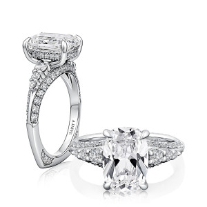 A.JAFFE MESNCU4314/371EL 14 Karat engagement ring, a.JAFFE white gold cushion Signature Shank ring, profile and top view