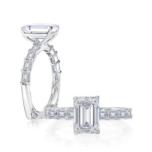A.JAFFE MESNEC3717Q/283 14 Karat engagement ring, white gold engagement ring, standing profile beside top down view of the emerald cut center