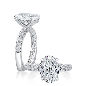 A.JAFFE MESNOV3605Q/481 14 Karat engagement ring, oval center engagement semi-mount in white gold, profile and top views shown together