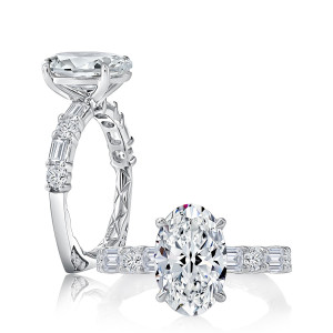 A.JAFFE MESNOV3606Q/395 14 Karat engagement ring, white gold engagement ring profile view with a top view alongside