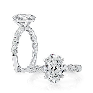 A.JAFFE MESNOV3689Q/283 14 Karat engagement ring, oval semi mount in white gold, upright profile paired with a reclining top view