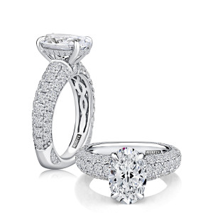 A.JAFFE MESNOV3727/486 14 Karat engagement ring, white gold oval engagement ring, paired standing and reclining views of the wide pave band