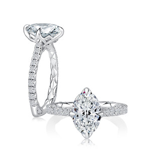A.JAFFE MESNOV3737Q/256 14 Karat engagement ring, white gold engagement ring, profile view with top view alongside showing the pave band and quilted shank