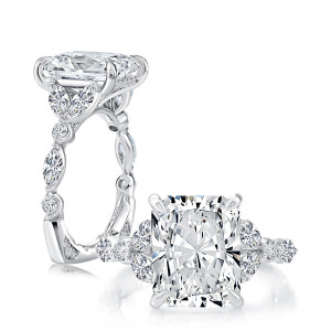 A.JAFFE MESNRA3749Q/618 14 Karat engagement ring, radiant cut engagement semi-mount in white gold, profile and top views shown together