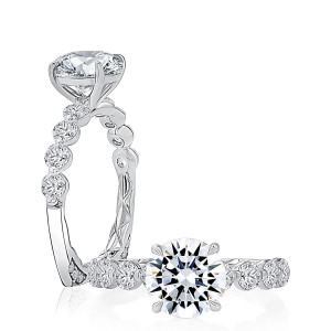 A.JAFFE MESNRD3588Q/289 14 Karat engagement ring, white gold engagement ring, paired profile and top views showing the round center and shared prong shoulder row
