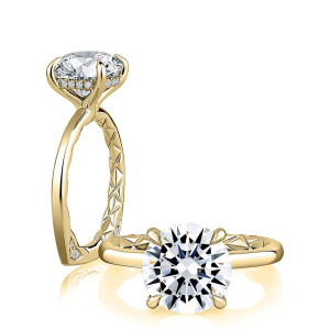 A.JAFFE MESNRD3612Q/315 14 Karat engagement ring, round solitaire engagement ring in yellow gold, standing profile beside a top view