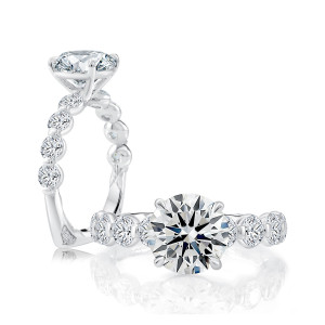 A.JAFFE MESNRD3688Q/377 18 Karat engagement ring, white gold engagement ring, standing and reclining pair showing the lotus prong diamond band