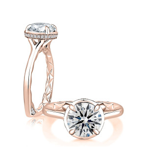A.JAFFE MESNRD3782Q/218 14 Karat engagement ring, rose gold engagement ring, standing profile beside top down view of the quilted shoulders