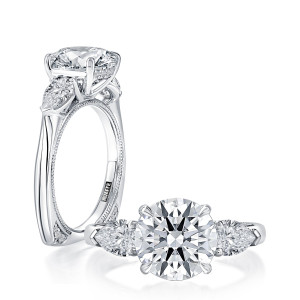 A.JAFFE MESNRD3815/378 14 Karat engagement ring, white gold three stone semi mount, angled and top views showing the milgrain shank