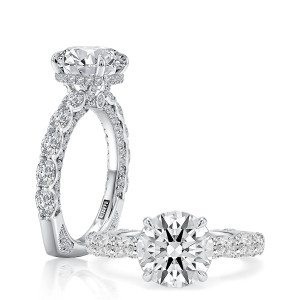 A.JAFFE MESNRD4212B/451 14 Karat engagement ring, white gold engagement ring profile view with a top view alongside