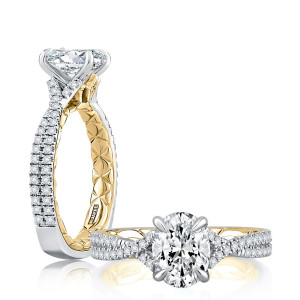 A.JAFFE MESOV2499Q/236 14 Karat engagement ring, oval semi mount with white band and yellow interior, upright profile paired with a reclining top view