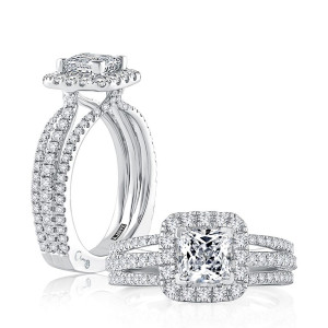 A.JAFFE MESPC2421/185 14 Karat engagement ring, princess cut halo engagement ring in white gold, standing profile beside a top view