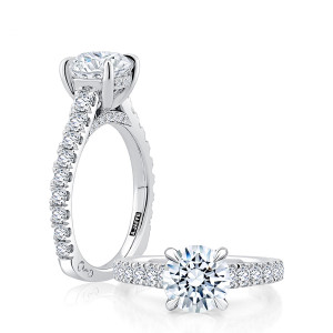 A.JAFFE MESRD2774/282 14 Karat engagement ring, white gold engagement ring, profile view with top view alongside showing the pave band and flat shank base