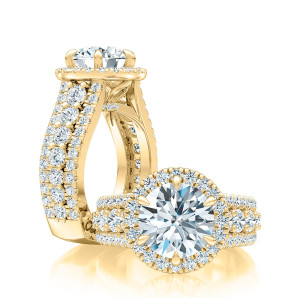 A.JAFFE MESRD2860/510 14 Karat engagement ring, yellow gold round halo semi-mount, standing and reclining views of the three row band