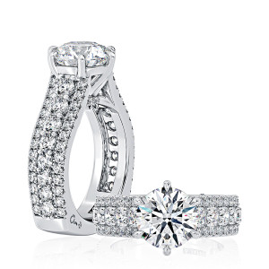 A.JAFFE MESRD2861/489 14 Karat engagement ring, round center engagement semi-mount in white gold, profile and top views shown together