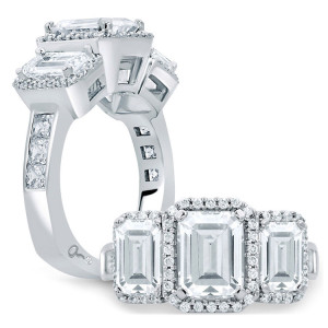 A.JAFFE Signature 18 karat gold three-stone engagement ring with emerald-cut center and diamond halo