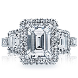 Tacori Blooming Beauties platinum engagement ring with emerald-cut center and signature crescent detailing