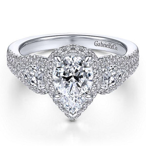 Gabriel 14 Karat Pear Shape 3 Stone Halo Engagement Ring ER14409P4W44JJ