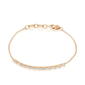 Tacori FB675FPK7 14 Karat Rose Gold, laid flat showing the curved pear cut diamond bar on a fine cable chain with lobster clasp