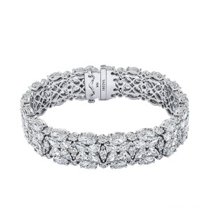 Tacori FB685 18 Karat White Gold, angled view of the closed wide mosaic band with marquise, pear and round diamonds