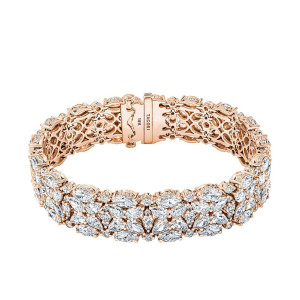 Tacori FB685PK 18 Karat Rose Gold, angled view of the closed wide mosaic band with marquise, pear and round diamonds