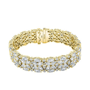 Tacori FB685Y 18 Karat Yellow Gold, angled view of the closed wide mosaic band with marquise, pear and round diamonds