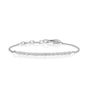 Tacori FB69065 18 Karat White Gold, laid flat showing the alternating marquise and round diamond line on a fine cable chain