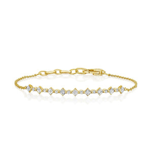 Tacori FB890Y65 18 Karat Yellow Gold, top view of the fine chain bracelet with alternating carre and round diamond stations