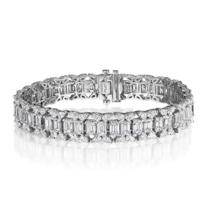 Tacori FB924PLT7 Platinum, angled view of the closed linear bracelet with a center row of emerald cut diamonds bordered by marquise and round diamonds