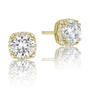 Tacori FE64365NDY 18 Karat Yellow Gold, front and profile views of the cushion halo stud with a prong set round center