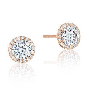 Tacori FE6705LDPK 18 Karat Rose Gold, front and profile views of the round halo stud with a prong set round center
