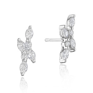 Tacori FE691 18 Karat White Gold, front and angled views of the marquise cluster stud with round diamond accents