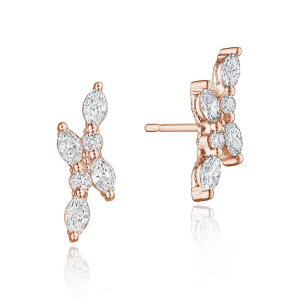 Tacori FE691PK 18 Karat Rose Gold, front and angled views of the marquise cluster stud with round diamond accents