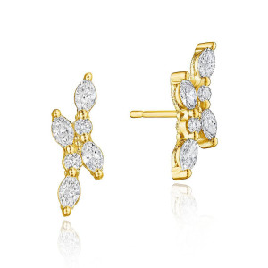 Tacori FE691Y 18 Karat Yellow Gold, front and angled views of the marquise cluster stud with round diamond accents