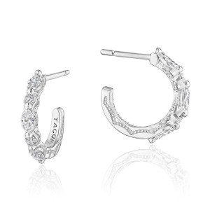 Tacori FE692 18 Karat White Gold, angled and inside views of the open hoop set with alternating marquise and round diamonds