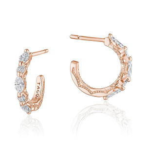 Tacori FE692PK 18 Karat Rose Gold, angled and inside views of the open hoop set with alternating marquise and round diamonds