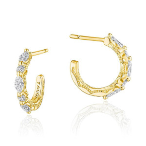Tacori FE692Y 18 Karat Yellow Gold, angled and inside views of the open hoop set with alternating marquise and round diamonds